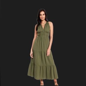 Fit & Flare Crinkle Gauze Olive Green Maxi Dress